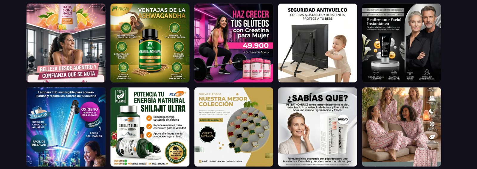 Grilla de anuncios generados por la IA de FLOWDEX para distintos productos y rubros.